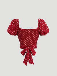 Red Polka Dot Puff Sleeve Tie-Back Crop Top
