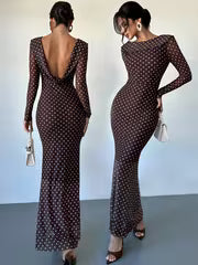 Brown Polka Dot Mesh Backless Maxi Dress for Women