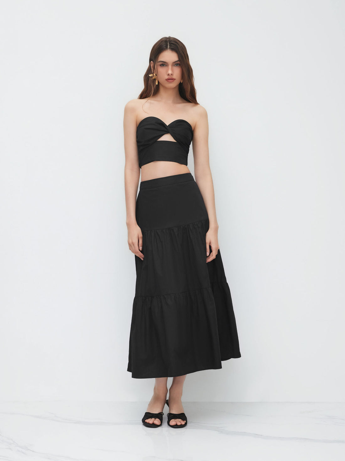 The Midnight Tier: Twist-Front Crop & Midi Skirt Set