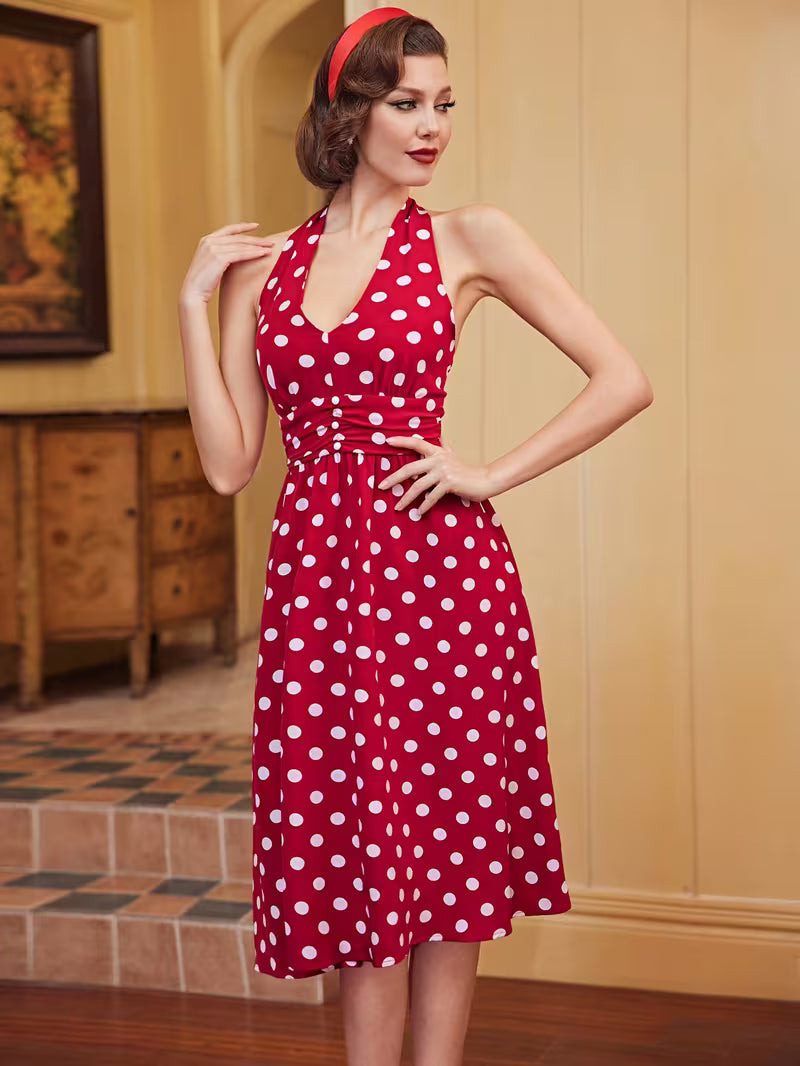 Red Polka Dot Halter Neck Backless Midi Dress for Women