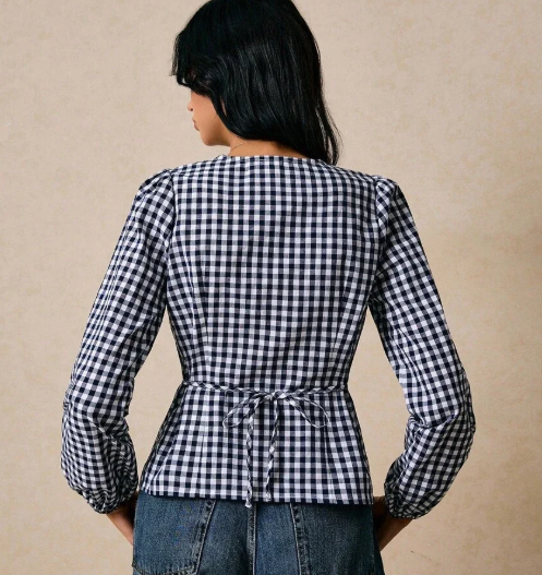 Navy Gingham Fitted Button-Front Top