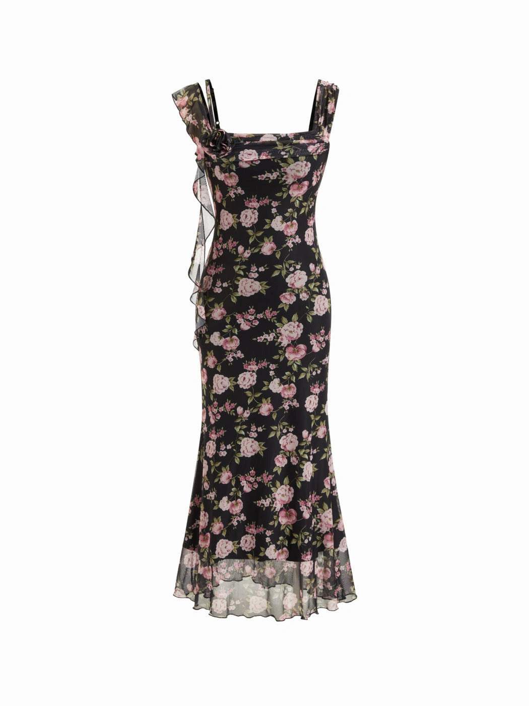 Black Floral Mesh Strap Bodycon Midi Dress with Ruffle Hem for Women