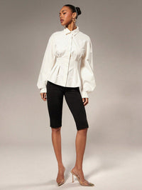 Women's White Corset Waist Shirt | Structured Cinched Button-Down Fashion Top
