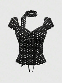 Women Black Polka Dot Tie-Up Top with Cap Sleeves & Neck Tie