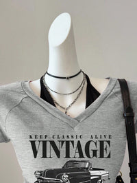 Grey Vintage Car Graphic V-Neck T-Shirt for Women