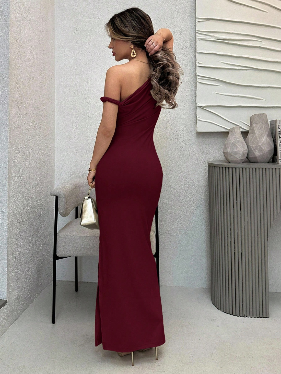 Wine One-Shoulder Bodycon Maxi Dress