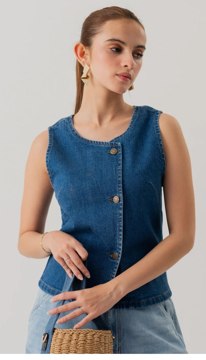 Asymmetric Denim Button-Up Top