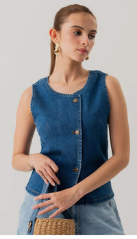 Asymmetric Denim Button-Up Top