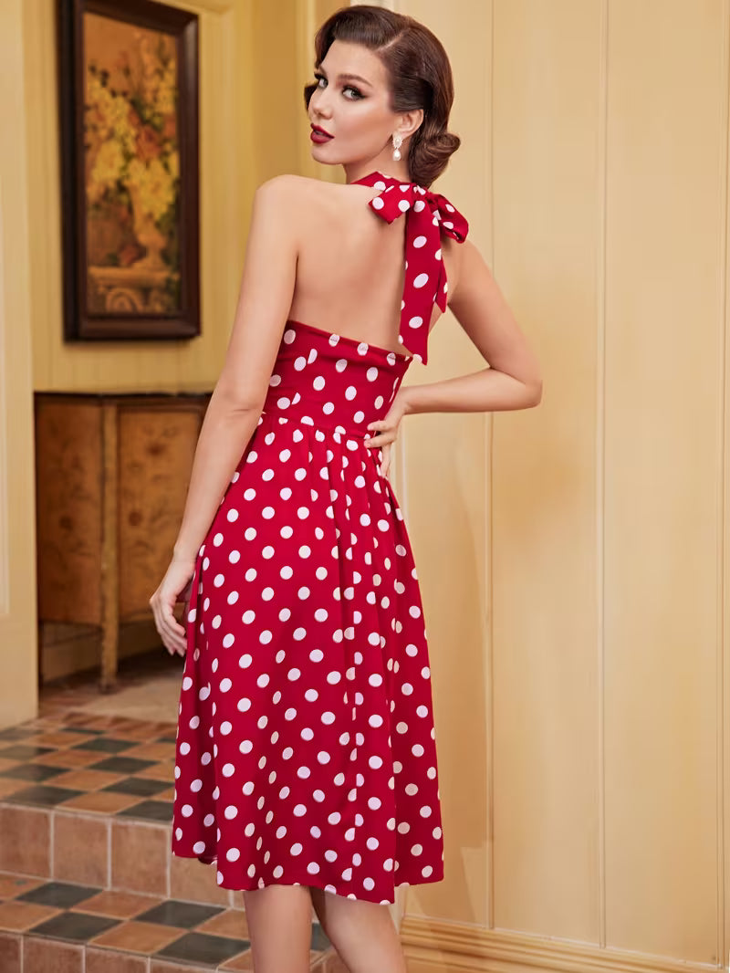 Red Polka Dot Halter Neck Backless Midi Dress for Women