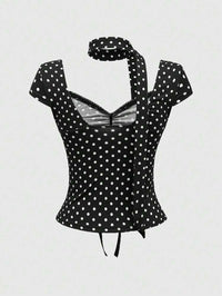 Women Black Polka Dot Tie-Up Top with Cap Sleeves & Neck Tie