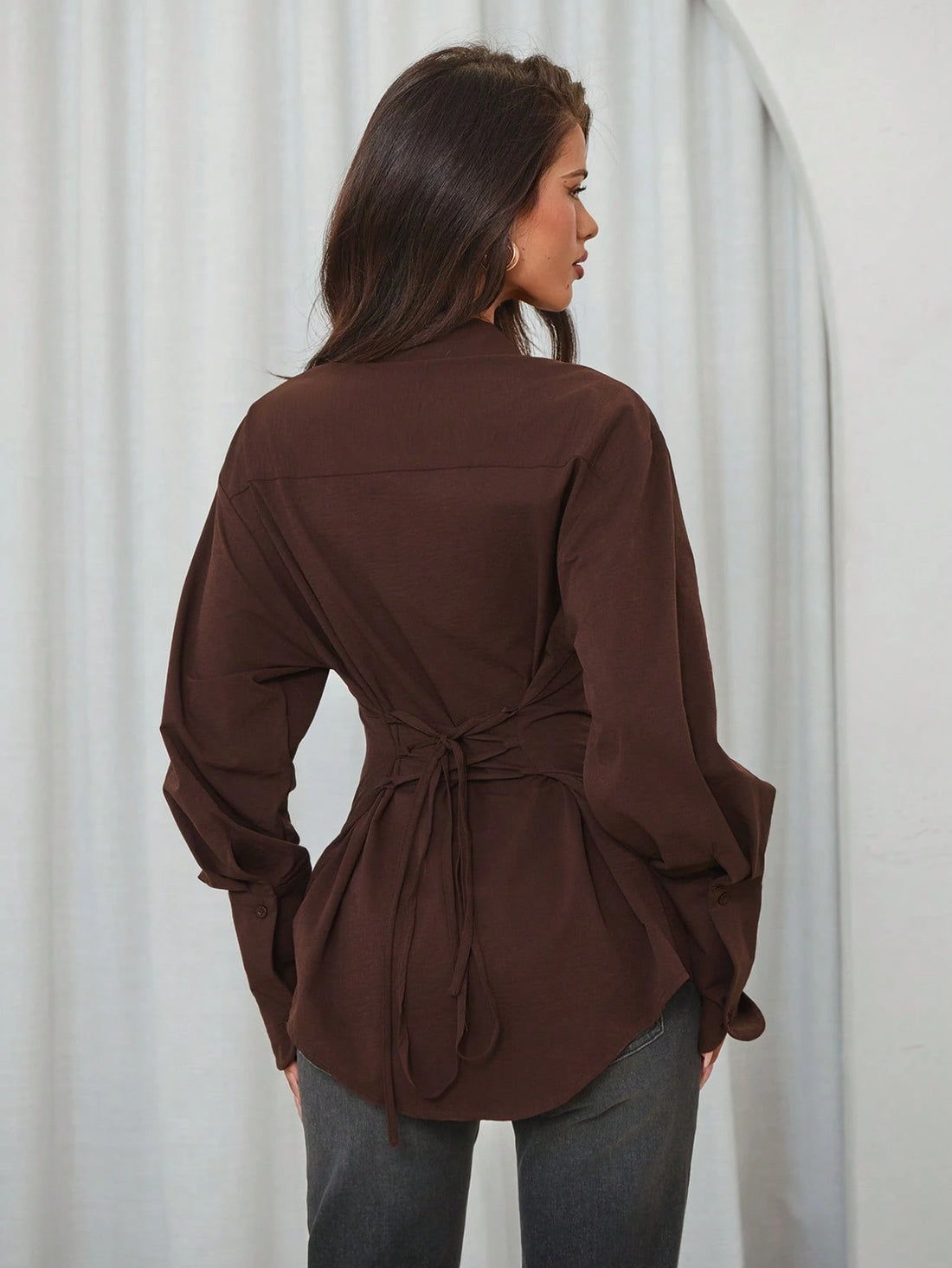 Women's Brown Corset-Style Button-Down Shirt