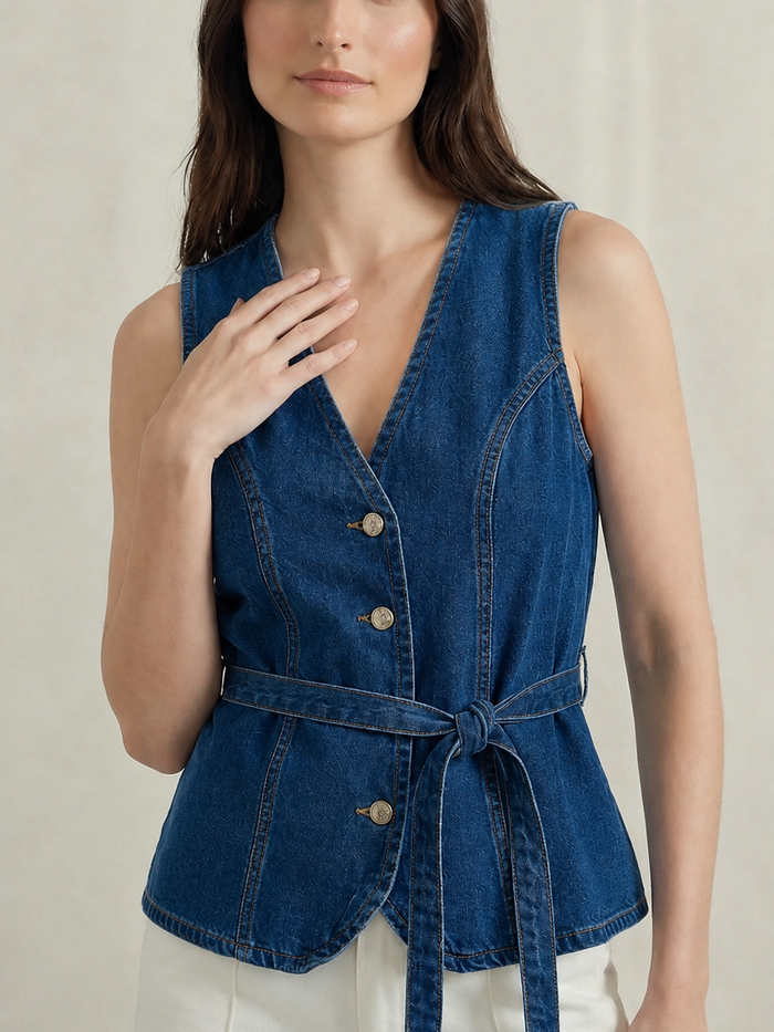 Belted Denim Waistcoat Top - image 1