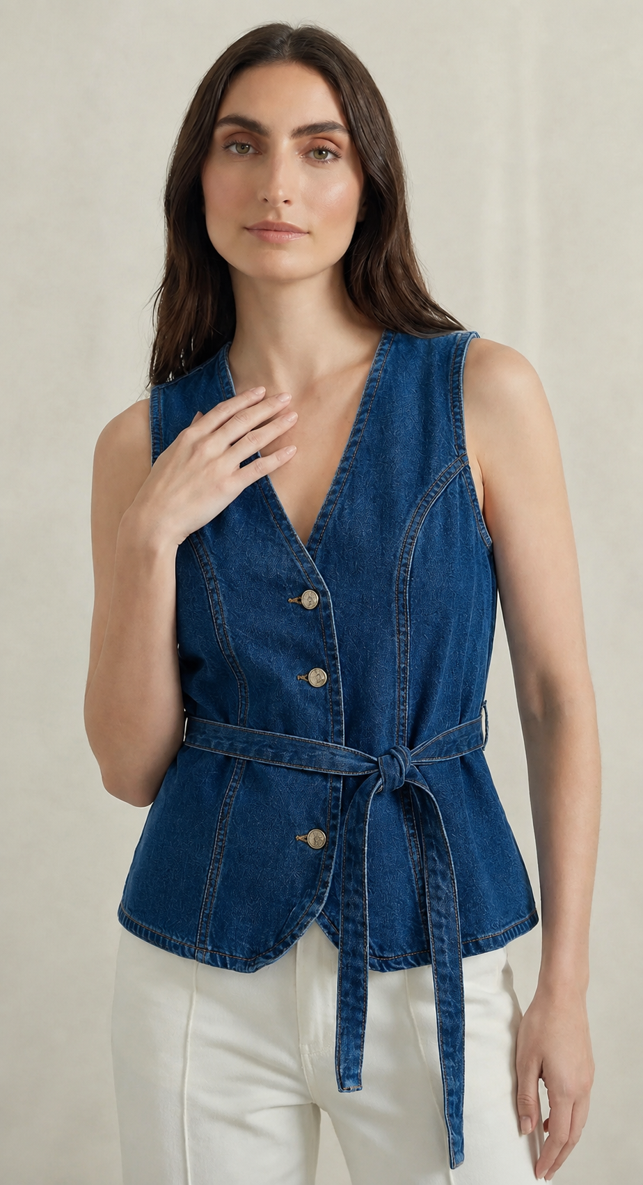 Belted Denim Waistcoat Top