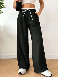 Black Wide-Leg Pants with Contrast White Drawstring Waist