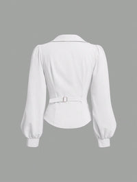 White Wrap-Style Tie Waist Blouse with Balloon Sleeves