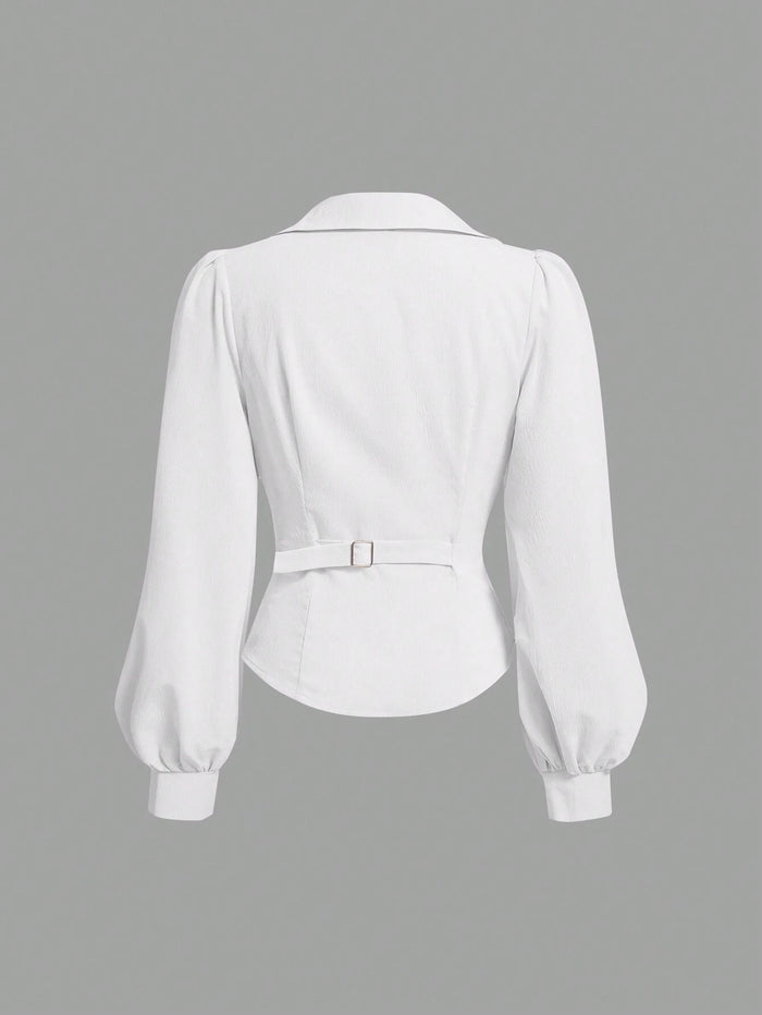 White Wrap-Style Tie Waist Blouse with Balloon Sleeves