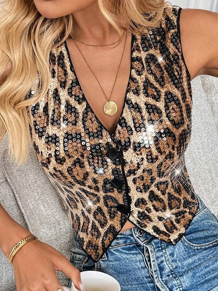 V-Neck Leopard Print Sequin Buttoned Top