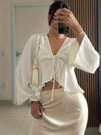 Women's White Tie-Up Front Flowy Crop Shirt