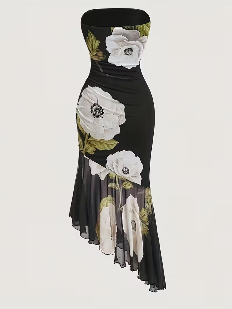 Black Strapless Floral Asymmetric Midi Dress