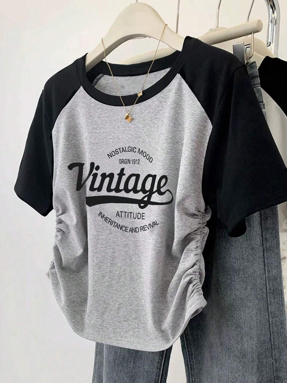 Grey & Black Raglan T-Shirt with Vintage Typography Print