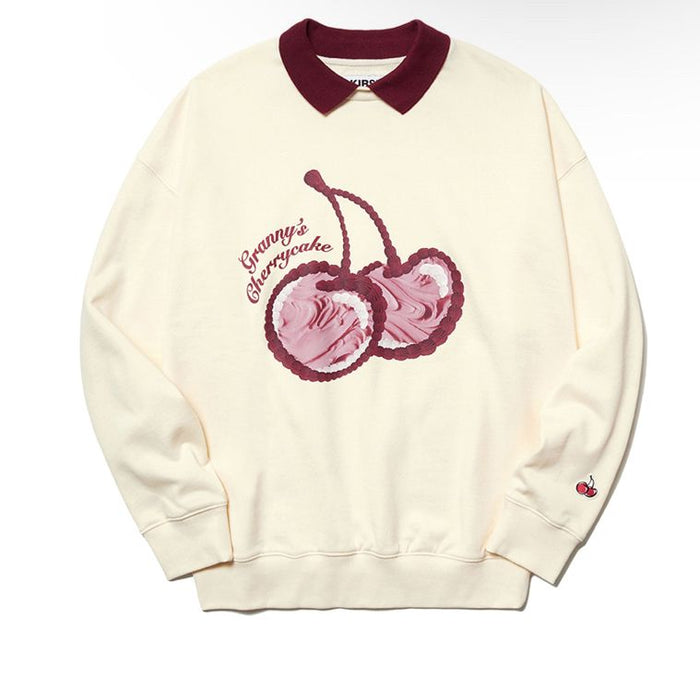 Cream Cherry Print Polo Sweatshirt