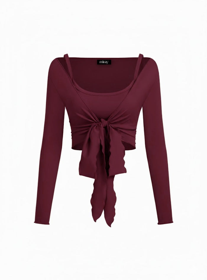 Burgundy Tie-Front Long Sleeve Crop Top for Women