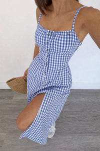 Blue Gingham Button Front Midi Dress for Women – Strappy Fit & Flare Summer Dress