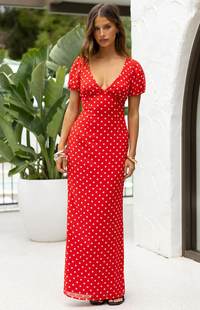 Crimson Polka Wrap Maxi Dress