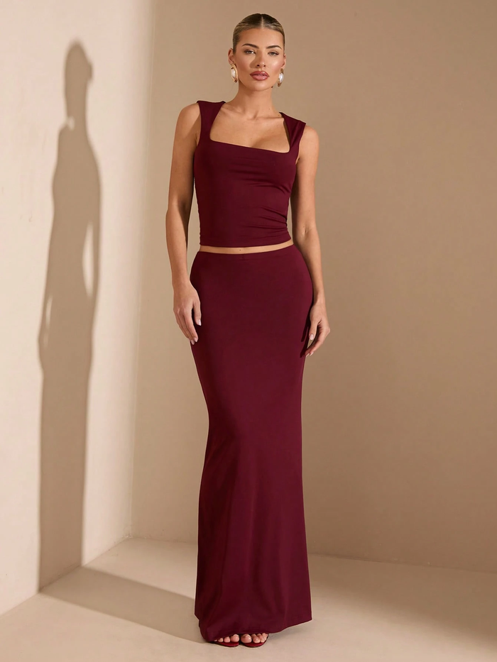 Wine Square-Neck Co-Ord Set with Maxi Skirt