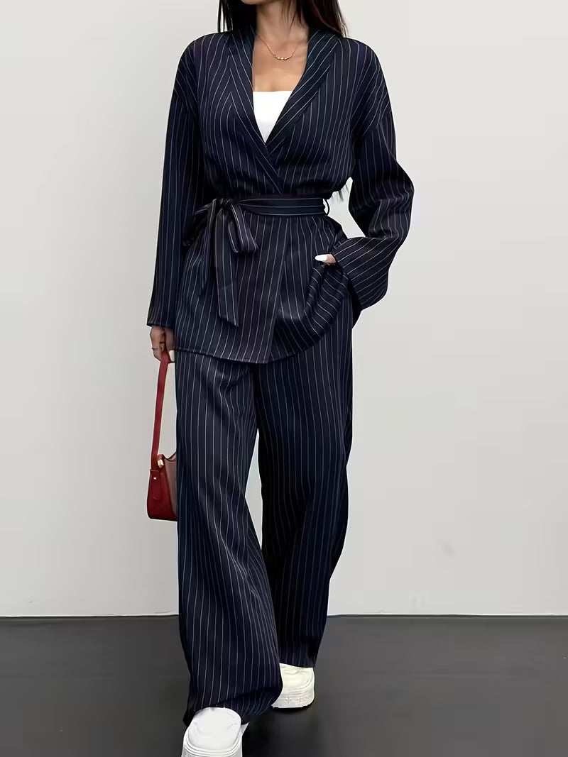 Women's Navy Pinstripe Wrap Blazer & Wide-Leg Trouser Co-Ord Set