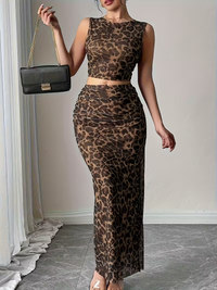 Leopard Print Mesh Co-Ord Set with Side Slit Skirt