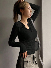 Women's Black Ribbed Button-Neck Slim-Fit Top
