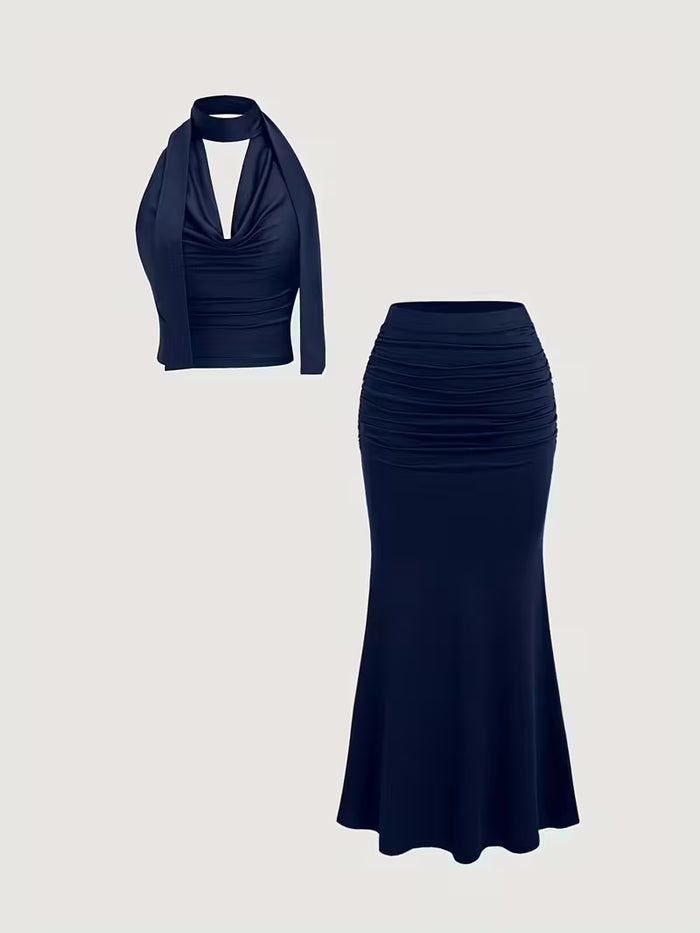Women's Navy Blue Halter Neck Top & Ruched Mermaid Skirt Co-Ord Set