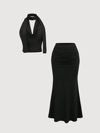 Women's Black Halter Neck Top & Ruched Mermaid Skirt Co-Ord Set