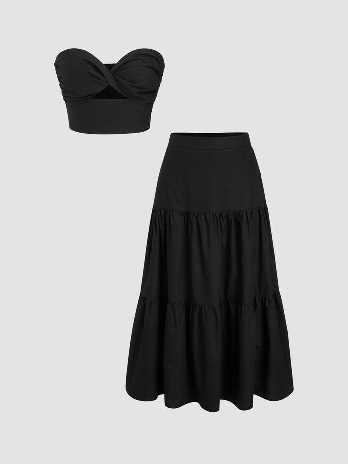 Black Twist Tube Top & Tiered Skirt Co-Ord Set