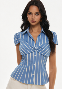 Blue Pinstripe Twist-Front Top