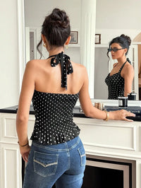 Women Black Polka Dot Halter Neck Top