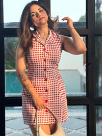 Red Gingham Sleeveless Button-Front Mini Dress