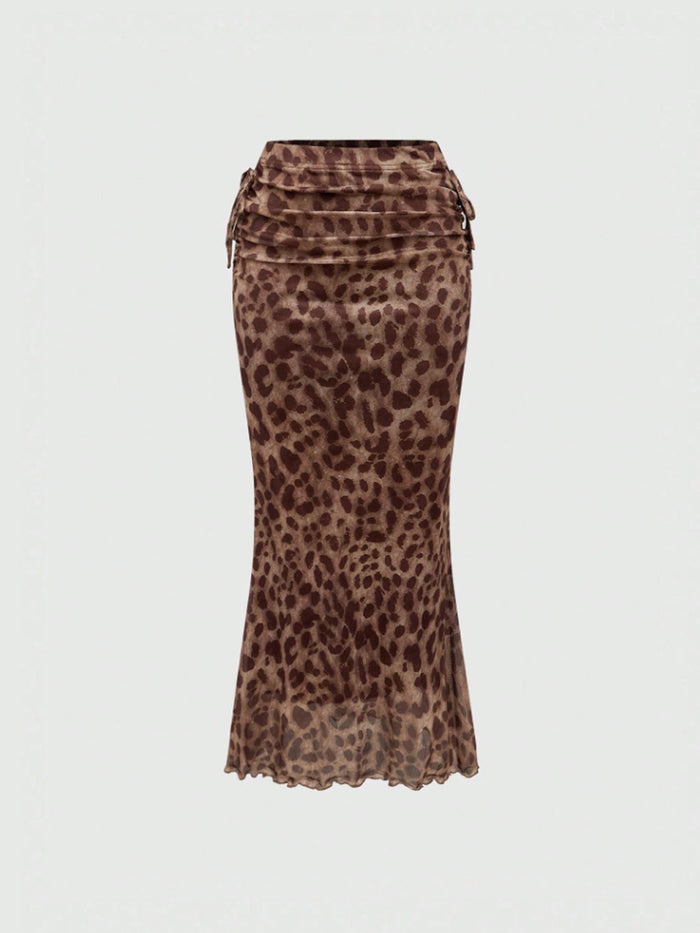 Leopard Print Ruched Mesh Maxi Skirt