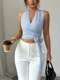 Women's Blue & White Striped Wrap Crop Top – Sleeveless V-Neck Tie Waist Summer Blouse