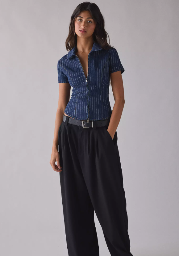 Pinstripe Denim Collared Zip-Up Fitted Top
