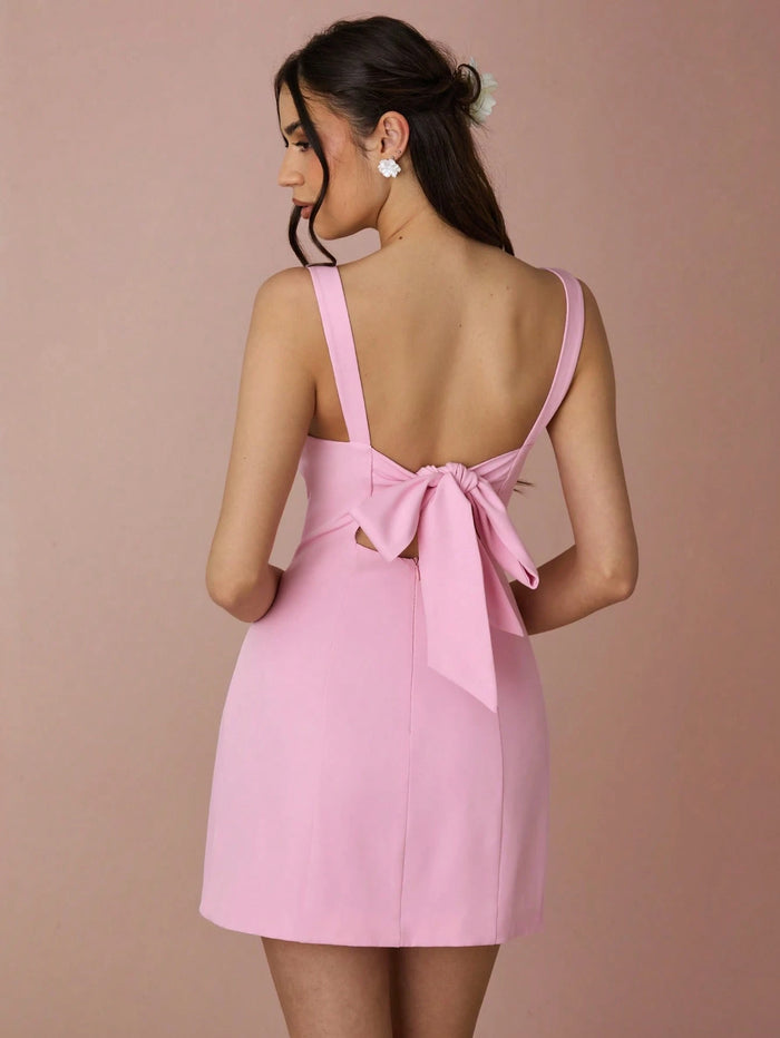 Pink Square-Neck Mini Dress with Bow-Tie Back Detail