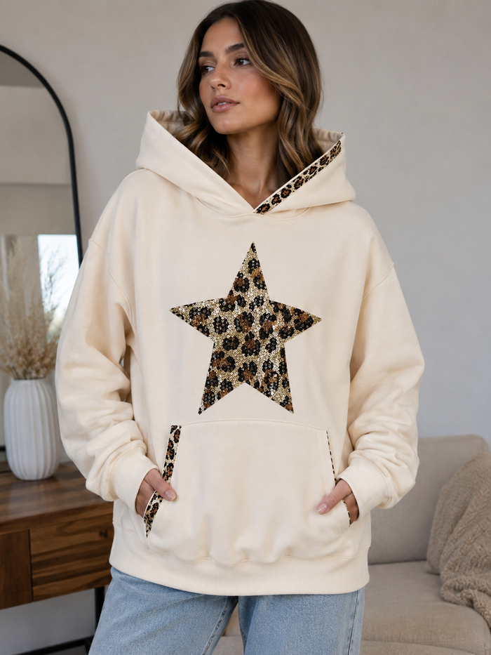 Ivory Leopard Star Sequin Hoodie