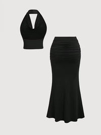 Women's Black Halter Neck Top & Ruched Mermaid Skirt Co-Ord Set