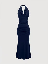 Women's Navy Blue Halter Neck Top & Ruched Mermaid Skirt Co-Ord Set