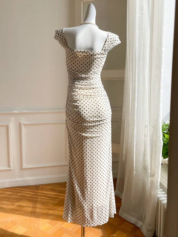 Women Cream Polka Dot Square Neck Bodycon Maxi Dress
