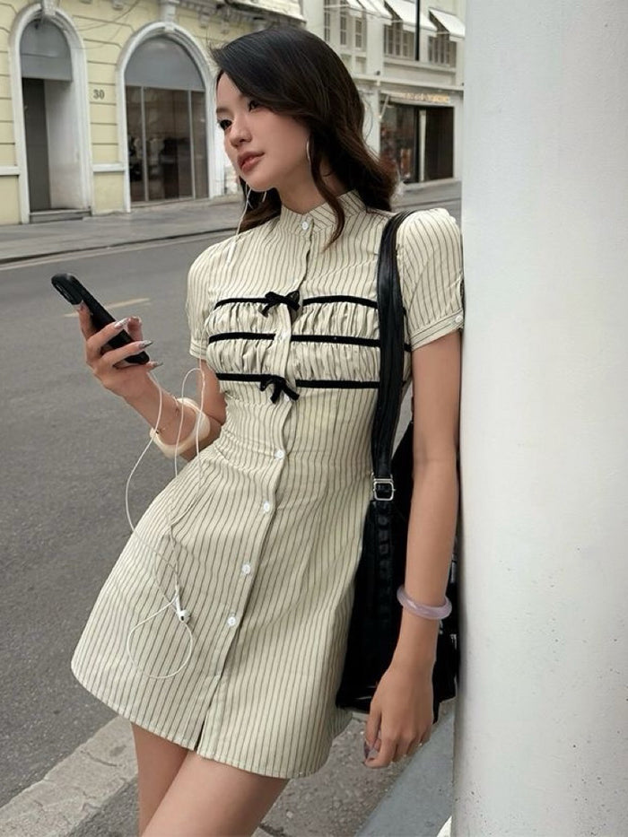 Pinstripe Bow-Tie Shirt Dress