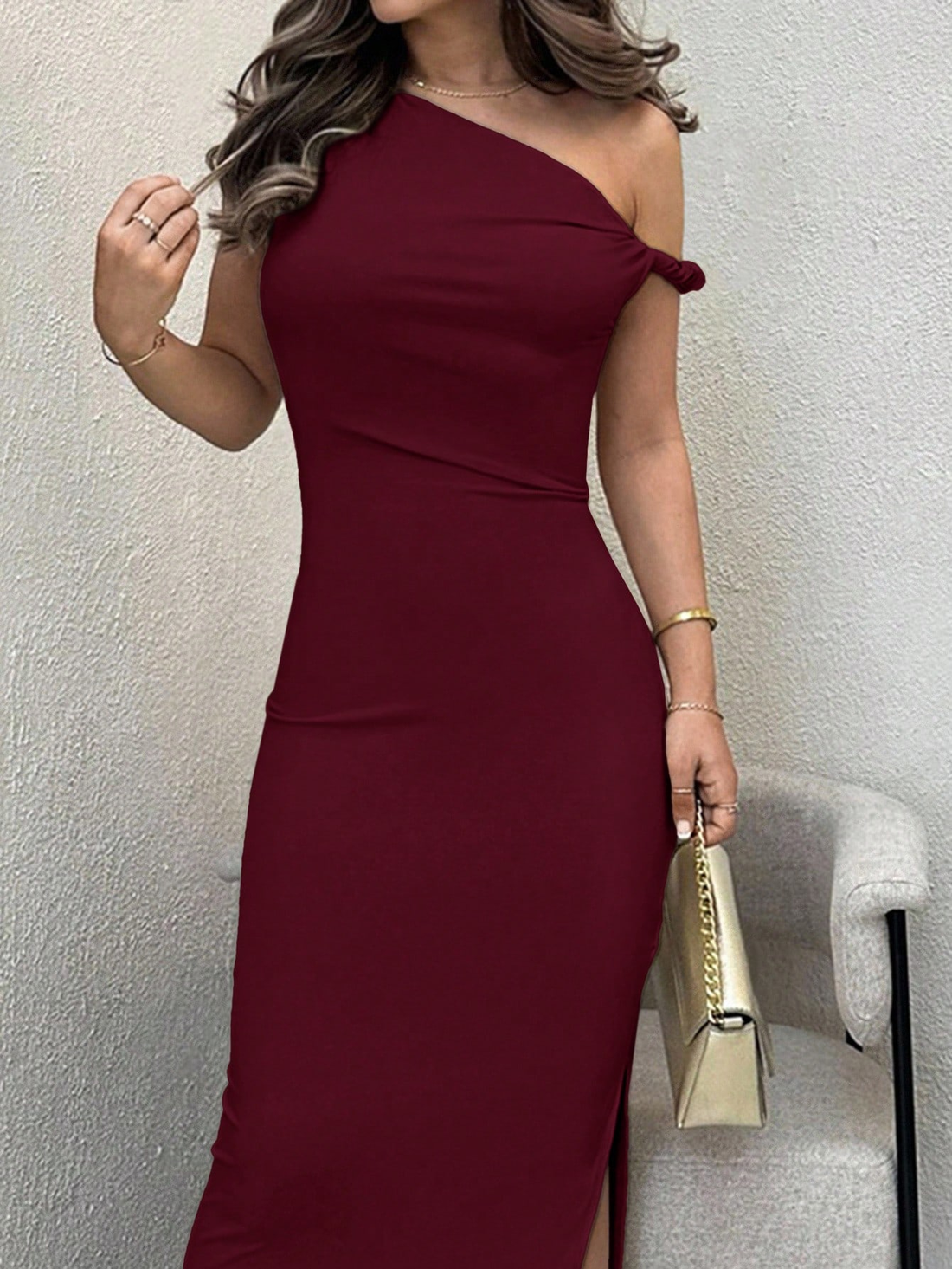 Wine One-Shoulder Bodycon Maxi Dress