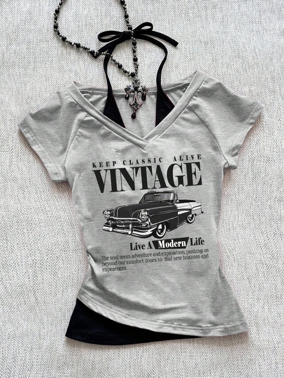 Grey Vintage Car Graphic V-Neck T-Shirt for Women