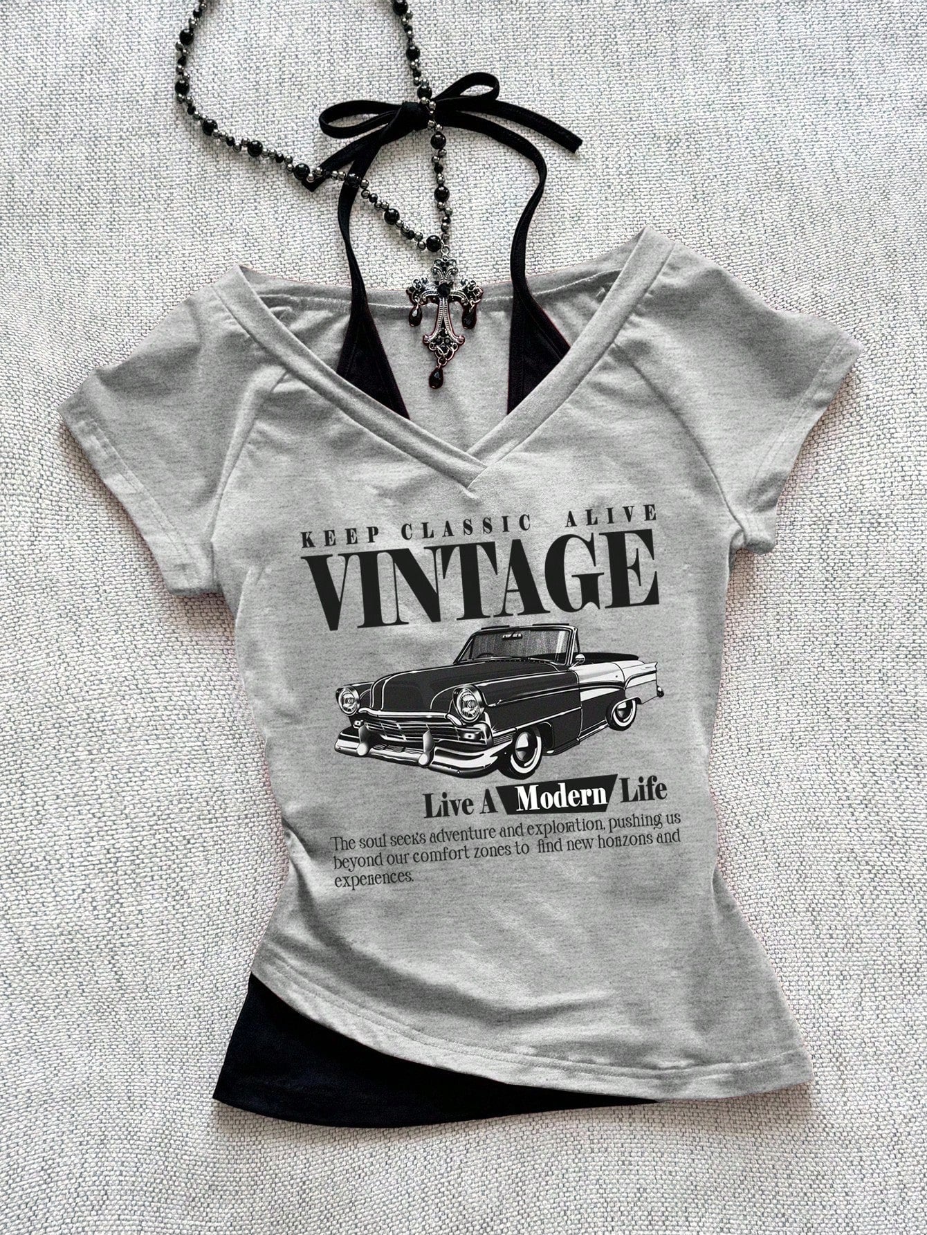 Grey Vintage Car Graphic V-Neck T-Shirt